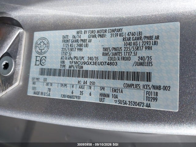 30095958 :رقم المزاد ، 1FMCU9GX3EUD74803 vin ، 2014 Ford Escape Se مزاد بيع