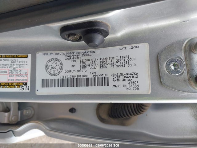 Aukcja sprzedaży 2004 Toyota 4runner Limited, vin: JTEBT17R048011688, numer aukcji: 30095962