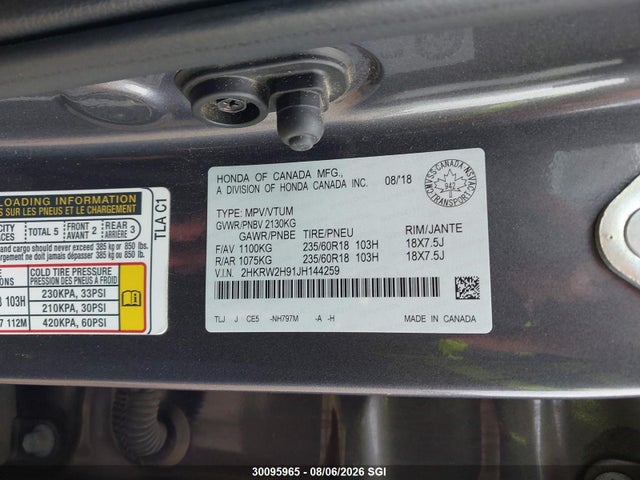 30095965 :رقم المزاد ، 2HKRW2H91JH144259 vin ، 2018 Honda Cr-v Touring مزاد بيع
