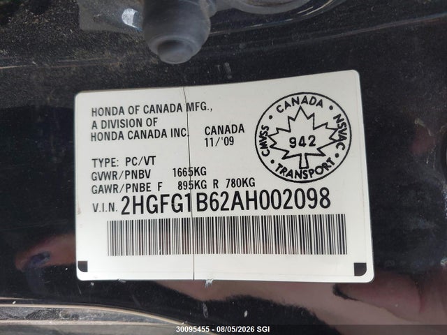 Aukcja sprzedaży 2010 Honda Civic Lx, vin: 2HGFG1B62AH002098, numer aukcji: 30095455