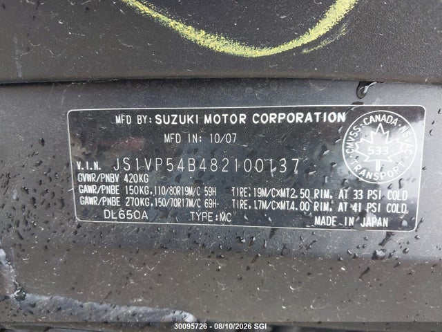 Aukcja sprzedaży 2008 Suzuki Dl650 A, vin: JS1VP54B482100137, numer aukcji: 30095726