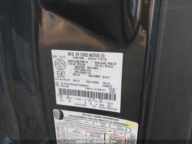 2012 Ford F150 Supercrew მანქანა იყიდება აუქციონზე, vin: 1FTFW1E63CFA49433, აუქციონის ნომერი: 30095970