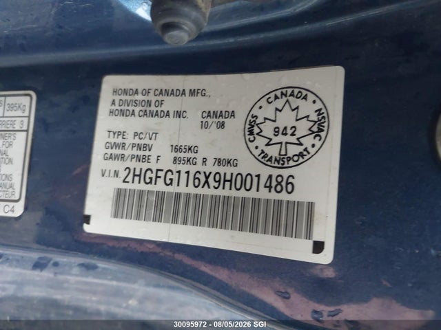 Продажа на аукционе авто 2009 Honda Civic Lx, vin: 2HGFG116X9H001486, номер лота: 30095972