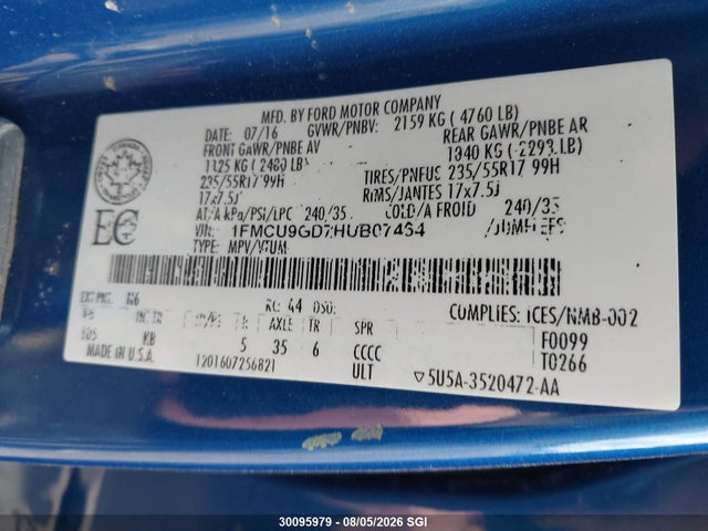 30095979 :رقم المزاد ، 1FMCU9GD7HUB07464 vin ، 2017 Ford Escape Se مزاد بيع