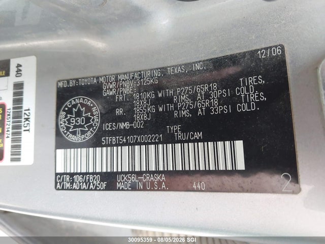 30095359 :رقم المزاد ، 5TFBT54107X002221 vin ، 2007 Toyota Tundra Sr5 4.7l V8 مزاد بيع