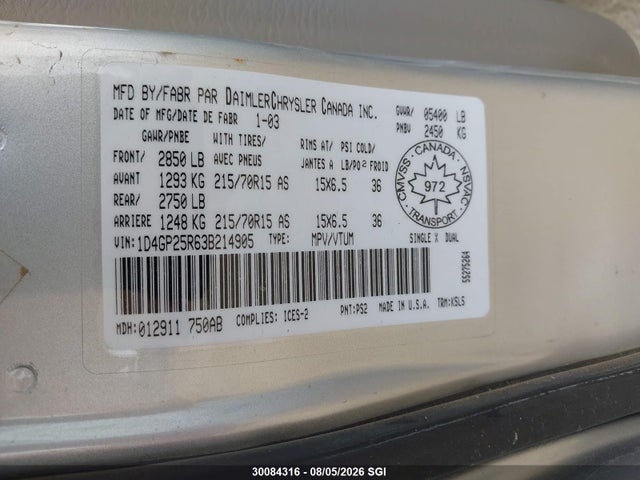 30084316 :رقم المزاد ، 1D4GP25R63B214905 vin ، 2003 Dodge Caravan Se مزاد بيع