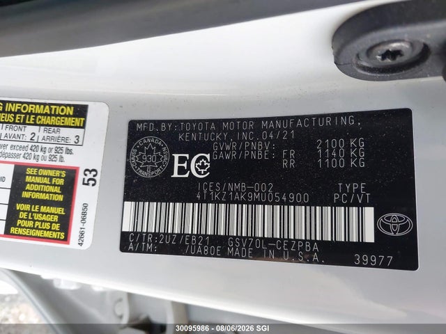 Продажа на аукционе авто 2021 Toyota Camry Trd/xse, vin: 4T1KZ1AK9MU054900, номер лота: 30095986
