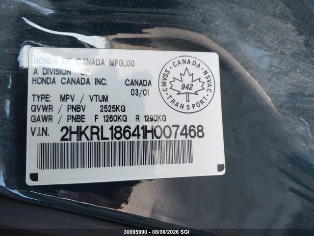 Aukcja sprzedaży 2001 Honda Odyssey Ex, vin: 2HKRL18641H007468, numer aukcji: 30095990