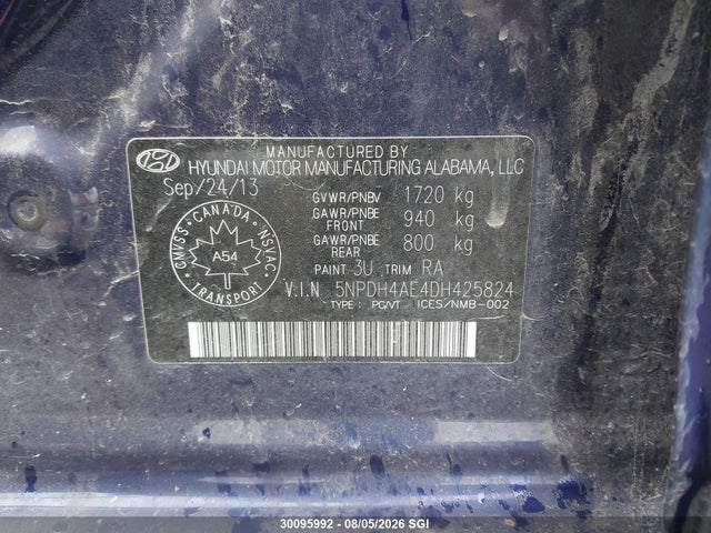 2013 Hyundai Elantra Gls/limited მანქანა იყიდება აუქციონზე, vin: 5NPDH4AE4DH425824, აუქციონის ნომერი: 30095992