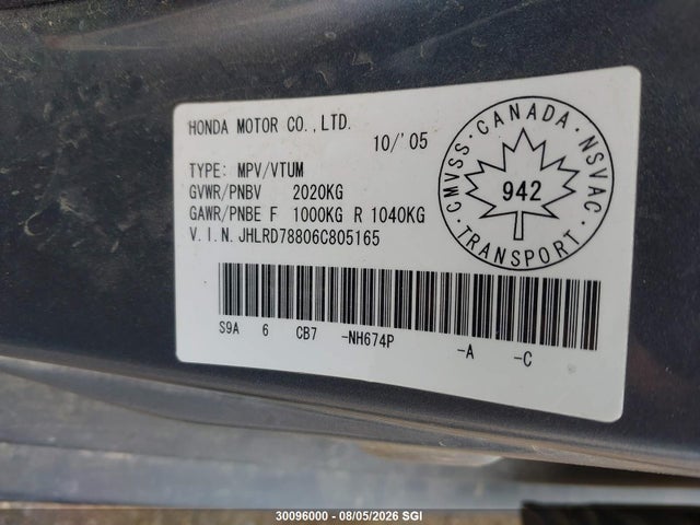 30096000 :رقم المزاد ، JHLRD78806C805165 vin ، 2006 Honda Cr-v Ex مزاد بيع