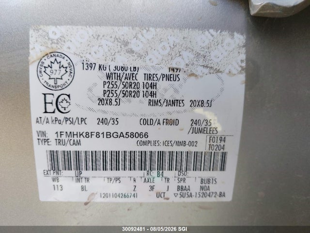 2011 Ford Explorer Limited მანქანა იყიდება აუქციონზე, vin: 1FMHK8F81BGA58066, აუქციონის ნომერი: 30092481