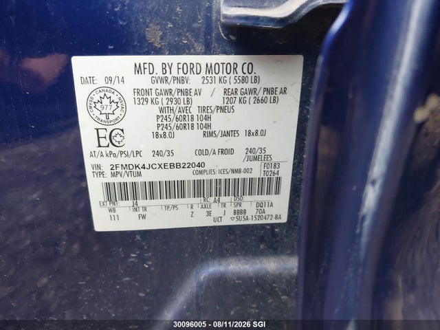 30096005 :رقم المزاد ، 2FMDK4JCXEBB22040 vin ، 2014 Ford Edge Sel مزاد بيع