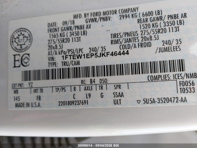2018 Ford F150 Supercrew მანქანა იყიდება აუქციონზე, vin: 1FTEW1EP5JKF46444, აუქციონის ნომერი: 30096014