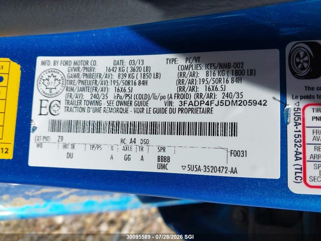 Aukcja sprzedaży 2013 Ford Fiesta Titanium, vin: 3FADP4FJ5DM205942, numer aukcji: 30095589