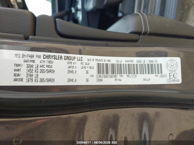 2015 Jeep Grand Cherokee Limited მანქანა იყიდება აუქციონზე, vin: 1C4RJFBG6FC687087, აუქციონის ნომერი: 30094017