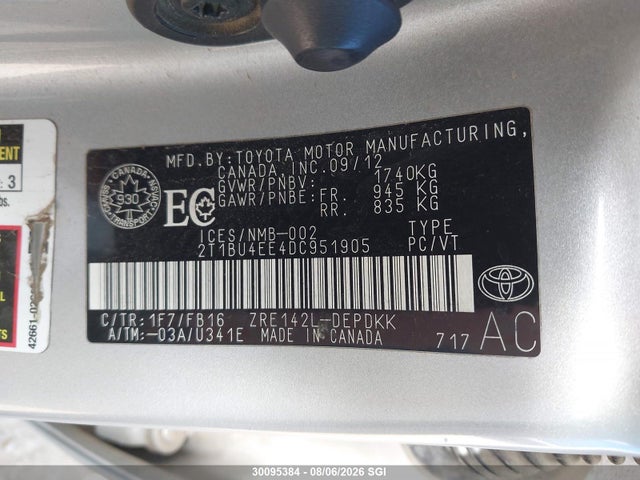 30095384 :رقم المزاد ، 2T1BU4EE4DC951905 vin ، 2013 Toyota Corolla S/le مزاد بيع