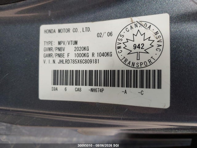 Aukcja sprzedaży 2006 Honda Cr-v Lx, vin: JHLRD785X6C809181, numer aukcji: 30095010