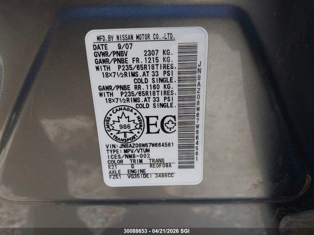 Auction sale of the 2007 Nissan Murano Sl, vin: JN8AZ08W67W664561, lot number: 30088653