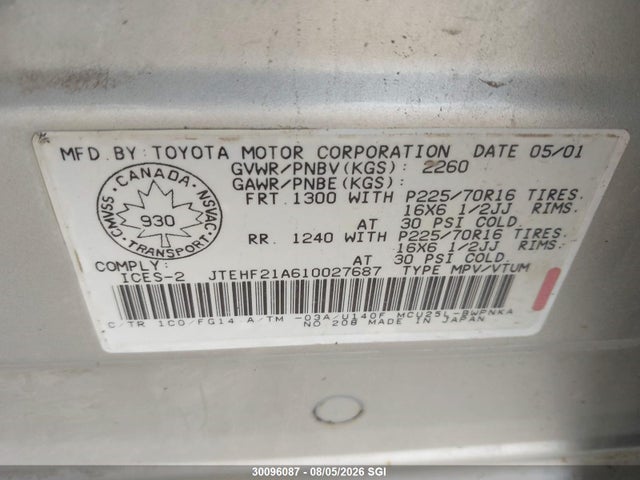 30096087 :رقم المزاد ، JTEHF21A610027687 vin ، 2001 Toyota Highlander مزاد بيع