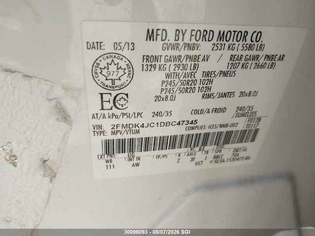Aukcja sprzedaży 2013 Ford Edge Sel, vin: 2FMDK4JC1DBC47345, numer aukcji: 30096093