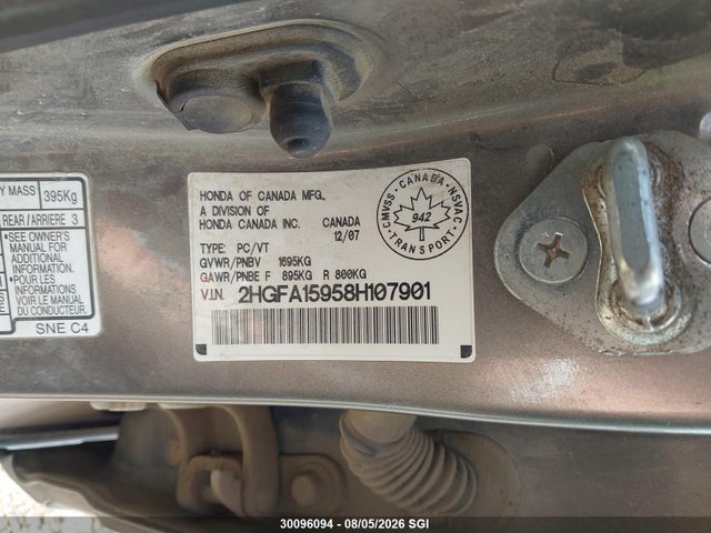 30096094 :رقم المزاد ، 2HGFA15958H107901 vin ، 2008 Honda Civic Exl مزاد بيع
