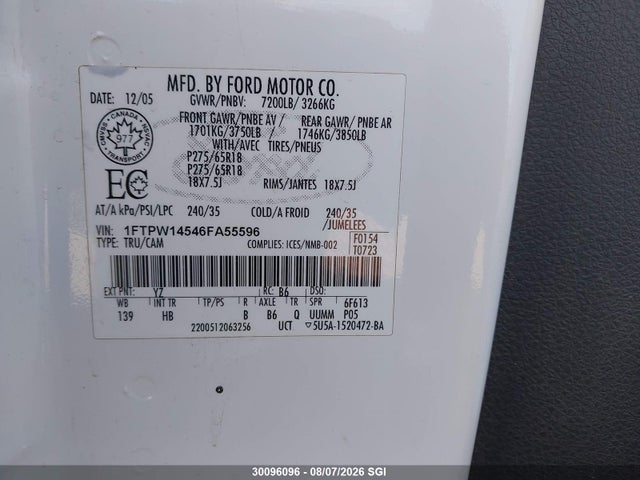 Aukcja sprzedaży 2006 Ford F150 Supercrew, vin: 1FTPW14546FA55596, numer aukcji: 30096096