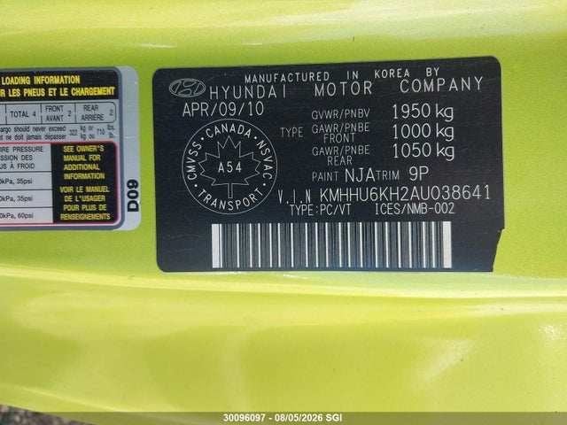 2010 Hyundai Genesis Coupe 3.8l მანქანა იყიდება აუქციონზე, vin: KMHHU6KH2AU038641, აუქციონის ნომერი: 30096097
