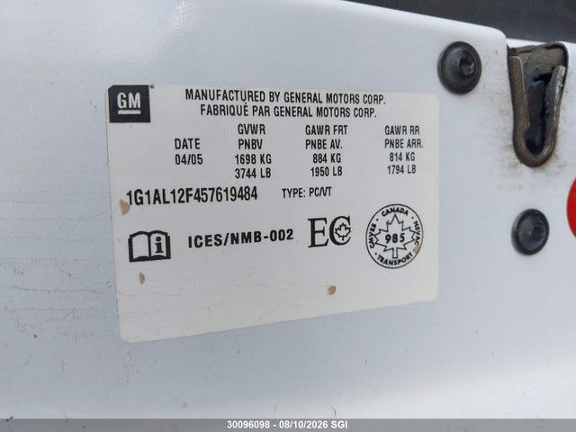 Продаж на аукціоні авто 2005 Chevrolet Cobalt Ls, vin: 1G1AL12F457619484, номер лоту: 30096098