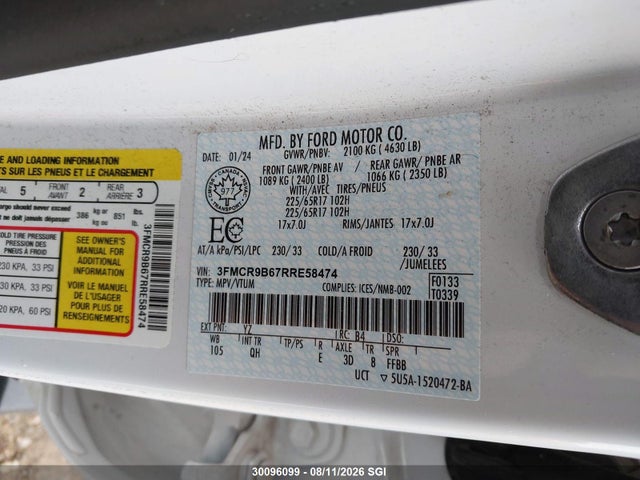 Продаж на аукціоні авто 2024 Ford Bronco Sport Big Bend, vin: 3FMCR9B67RRE58474, номер лоту: 30096099