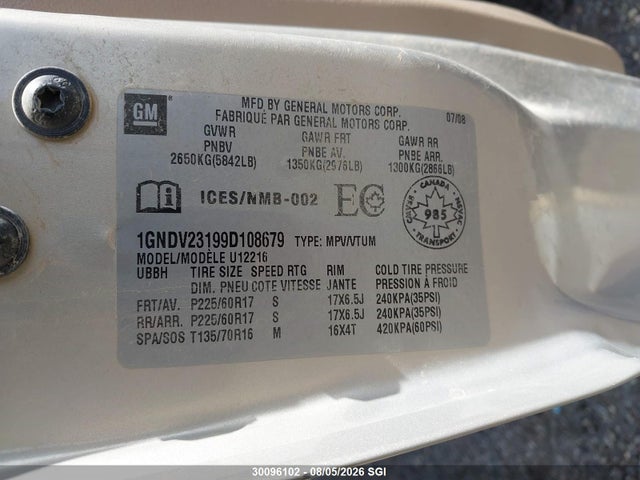Продаж на аукціоні авто 2009 Chevrolet Uplander Ls, vin: 1GNDV23199D108679, номер лоту: 30096102