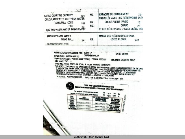 Продажа на аукционе авто 2011 Kz Spree 281bhs Super Lite, vin: 4EZTP282168017600, номер лота: 30096105