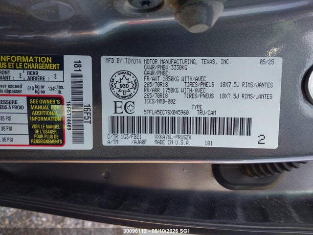 2025 Toyota Tundra Crewmax Sr5 მანქანა იყიდება აუქციონზე, vin: 5TFLA5EC7SX045960, აუქციონის ნომერი: 30096112