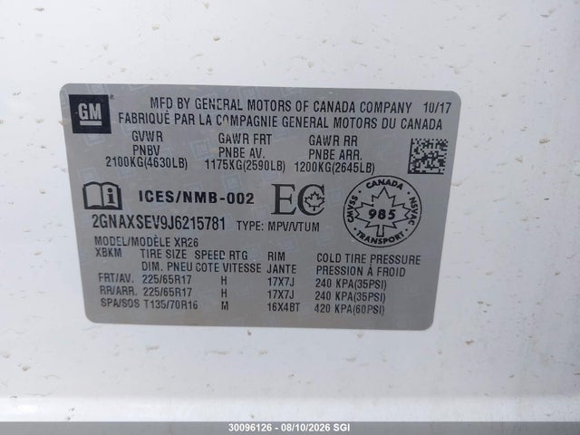 Продаж на аукціоні авто 2018 Chevrolet Equinox Lt, vin: 2GNAXSEV9J6215781, номер лоту: 30096126