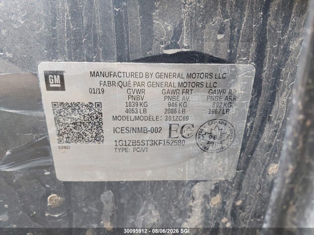 2019 Chevrolet Malibu 1ls მანქანა იყიდება აუქციონზე, vin: 1G1ZB5ST3KF152580, აუქციონის ნომერი: 30095912