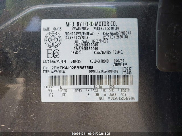 Продажа на аукционе авто 2015 Ford Edge Sel, vin: 2FMTK4J92FBB57558, номер лота: 30096134