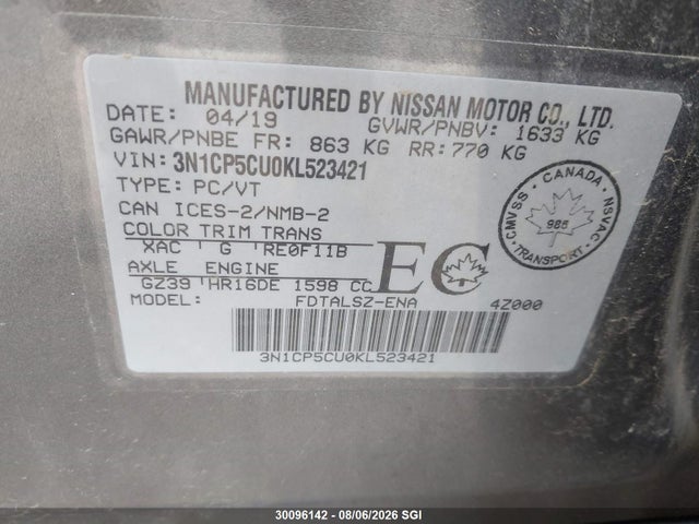 Aukcja sprzedaży 2019 Nissan Kicks S/sr/sv, vin: 3N1CP5CU0KL523421, numer aukcji: 30096142