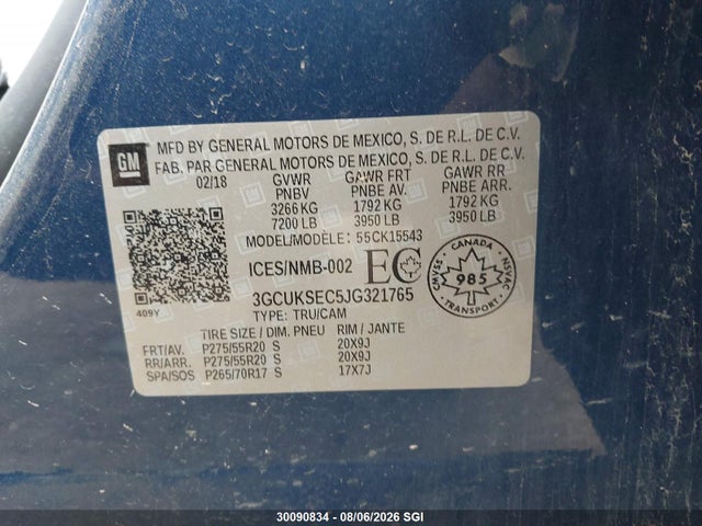 2018 Chevrolet Silverado K1500 Ltz მანქანა იყიდება აუქციონზე, vin: 3GCUKSEC5JG321765, აუქციონის ნომერი: 30090834