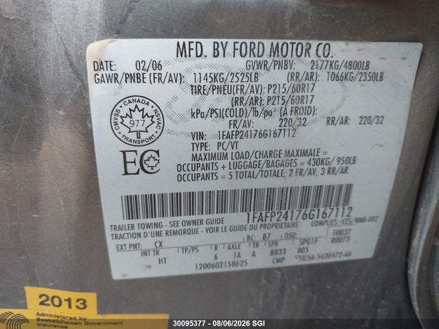 30095377 :رقم المزاد ، 1FAFP24176G167112 vin ، 2006 Ford Five Hundred Sel مزاد بيع