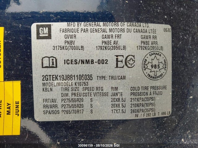 Продаж на аукціоні авто 2008 Gmc Sierra K1500, vin: 2GTEK19J881106035, номер лоту: 30096159