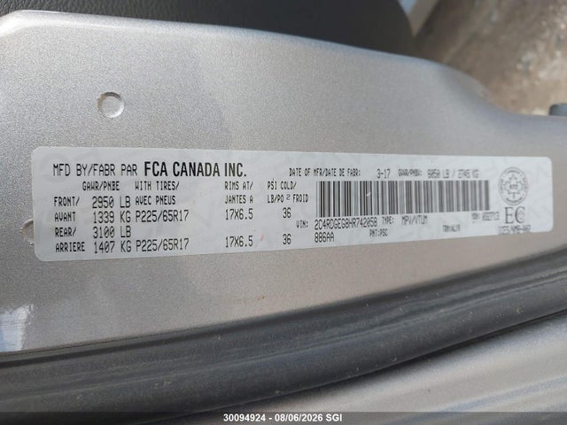 2017 Dodge Grand Caravan Gt მანქანა იყიდება აუქციონზე, vin: 2C4RDGEG8HR742058, აუქციონის ნომერი: 30094924