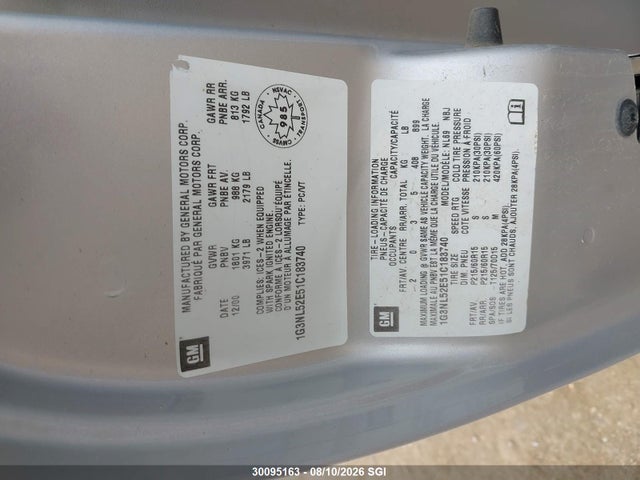 30095163 :رقم المزاد ، 1G3NL52E51C183740 vin ، 2001 Oldsmobile Alero Gl مزاد بيع