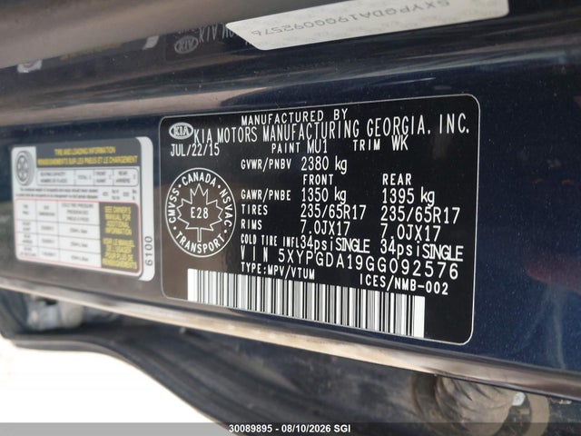 Продажа на аукционе авто 2016 Kia Sorento 2.0l Ex/2.0l Lx+, vin: 5XYPGDA19GG092576, номер лота: 30089895