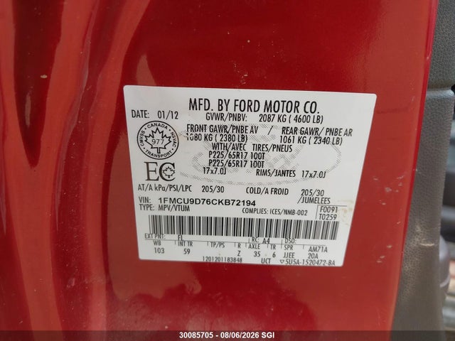 Auction sale of the 2012 Ford Escape Xlt, vin: 1FMCU9D76CKB72194, lot number: 30085705