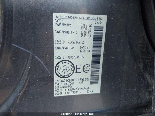 Aukcja sprzedaży 2014 Nissan Titan S/sv/sl/pro-4x, vin: 1N6AA0EC6EN515659, numer aukcji: 30094201