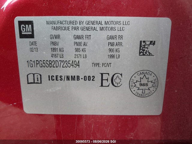 2013 Chevrolet Cruze Ltz მანქანა იყიდება აუქციონზე, vin: 1G1PG5SB2D7235494, აუქციონის ნომერი: 30095573