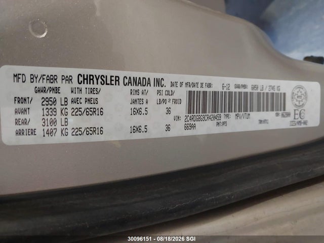 Aukcja sprzedaży 2012 Dodge Grand Caravan Se, vin: 2C4RDGBG9CR420459, numer aukcji: 30096151