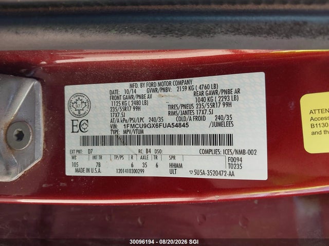 Ford ESCAPE SE 2015 1FMCU9GX6FUA54845 Image 9