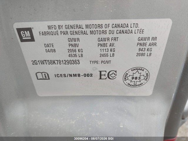 Продаж на аукціоні авто 2008 Chevrolet Impala Lt, vin: 2G1WT58K781290363, номер лоту: 30096204