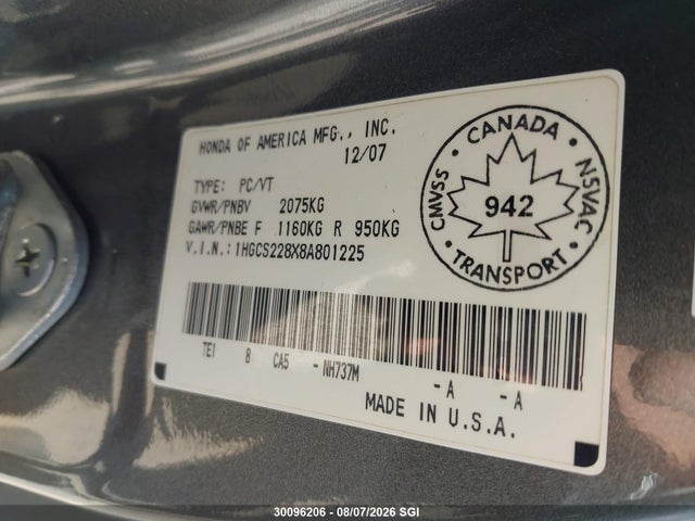 Продаж на аукціоні авто 2008 Honda Accord Exl, vin: 1HGCS228X8A801225, номер лоту: 30096206