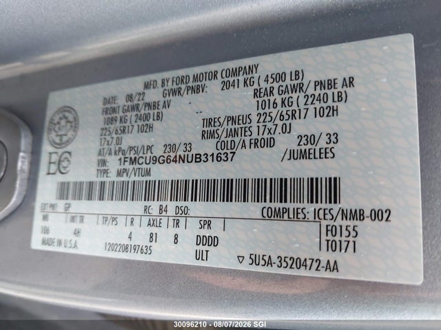 Ford ESCAPE SE 2022 1FMCU9G64NUB31637 Image 9